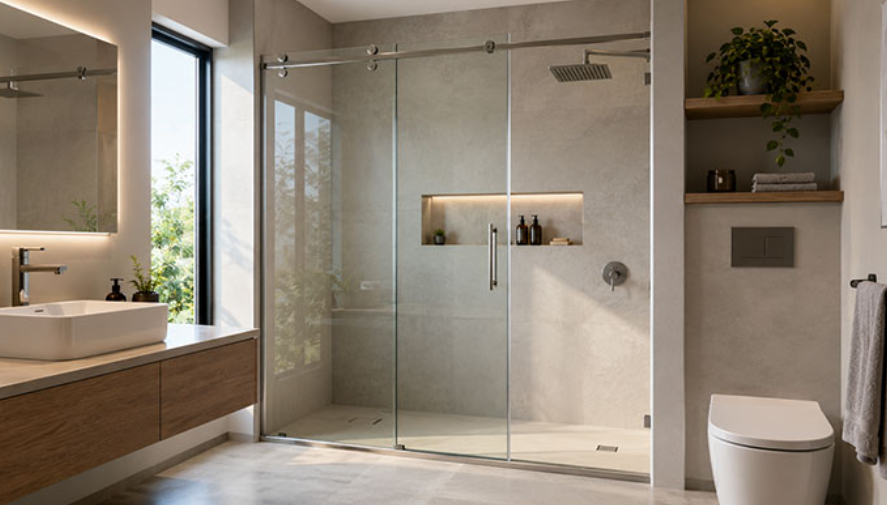 Baño contemporáneo con cancel de vidrio templado y herrajes metálicos