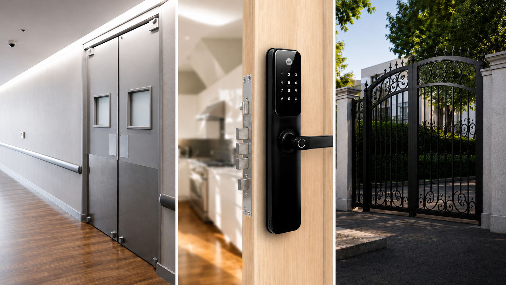 Puerta industrial, cerradura inteligente y portón de forja de acero